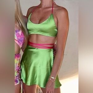 White Fox Green Satin Skirt Set - XS